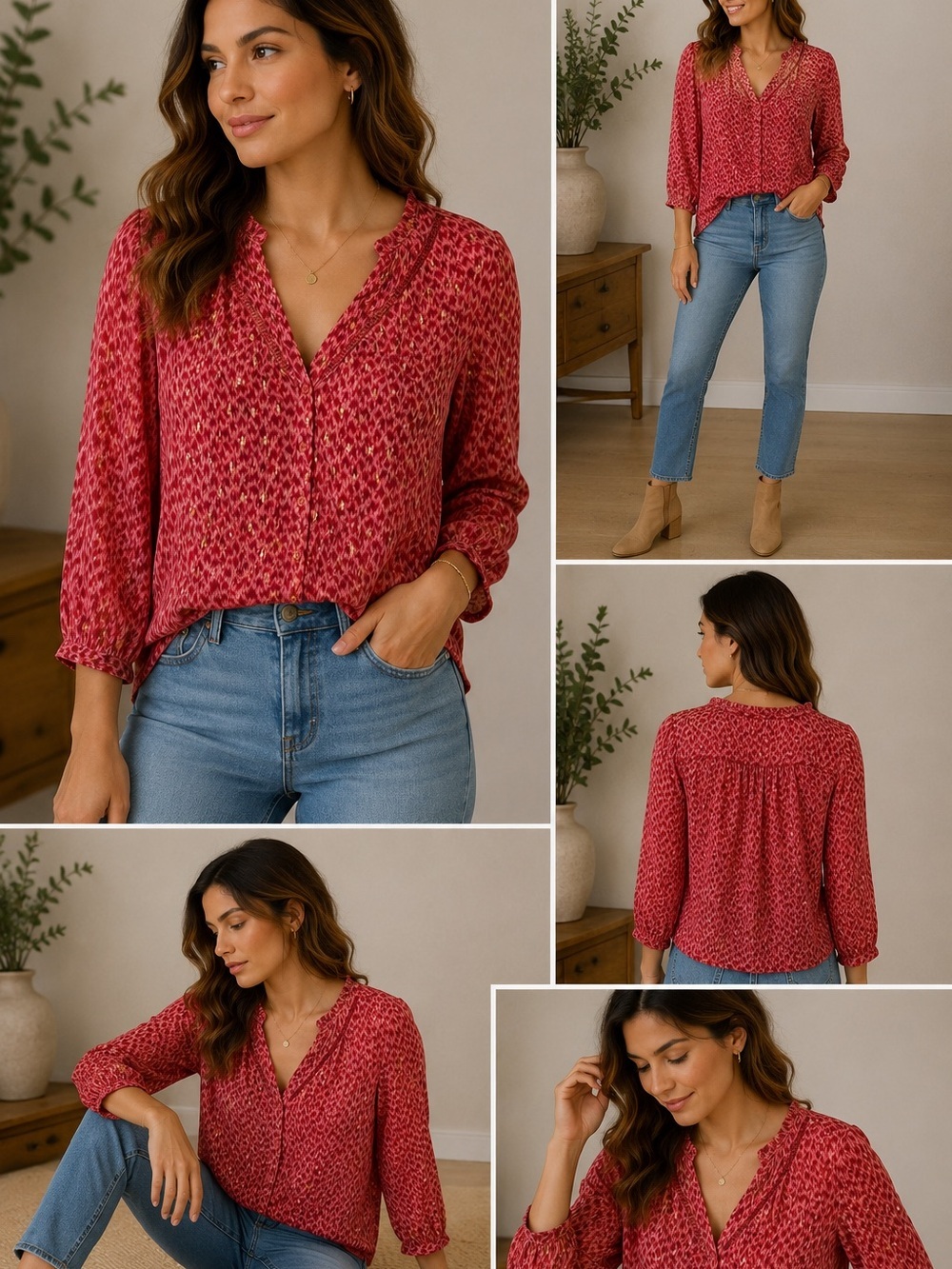 PAIGE Red Pink Metallic Print Peasant Blouse XS